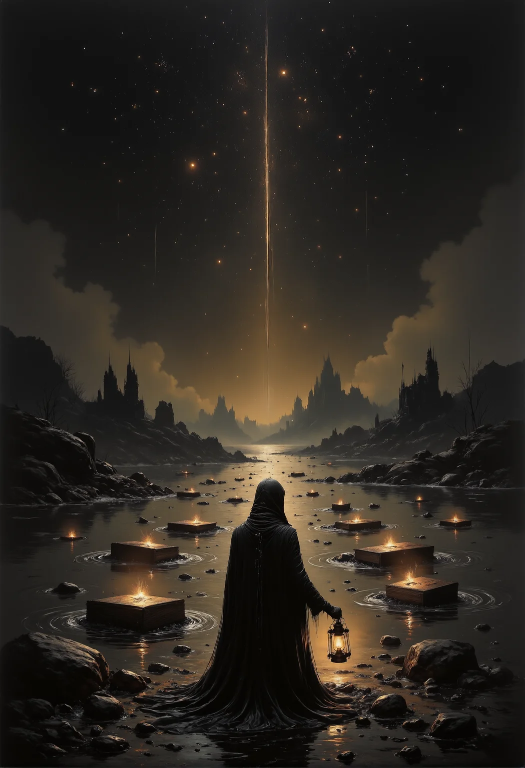 A mysterious and surreal scene featuring a cloaked figure standing at the edge of a vast, glowing river under a star-filled night sky. The river is filled with floating, illuminated objectsâcoffins, books, keys, and other symbolic artifactsâcasting faint ripples of light across the water. The figure, shrouded in a dark hood, holds a lantern emitting a warm, ethereal glow, illuminating their path. Mist swirls around the riverbank, blending into the faint silhouettes of distant, ancient ruins on the horizon. The atmosphere is both serene and otherworldly, balancing mysticism and quiet introspection. <lora:artisketchyfs-v02.safetensors:0.75>, <lora:we-br-v2.safetensors:1.0>,