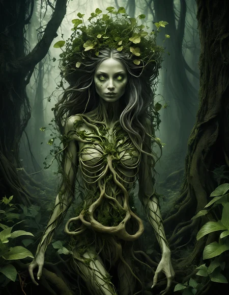 the degradation of human evolution, evil (forest being:0.7), (dryad:0.2), corrupted, leaves, whirling roots and vines forming the rough shape of a (adult woman:0.5), (hair:0.2) made of vines, corrupted grey-green (skin:0.7) made of roots-vines-leaves, poison (orchids:0.4), horror, (root skull:0.4), (amber:0.3), flowing with (forest green:0.3) magic, magical mushrooms, swirling transparent dark green magic, fireflies, root skeleton, (groot:0.2), close-up, (masterpiece:1.2), (epic composition:1.4), (talent:1.2), ultra detailed, highly detailed, insanely detailed, (p, exquisite, sharp, elegant, ambient lighting,, high quality, <lora:add-detail-xl:2> , <lora:takma2:0.8> , glowing evil green eyes, in creepy magical forest,