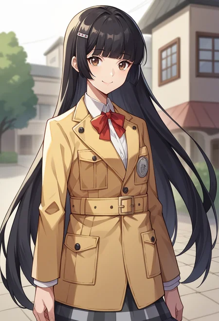 score_9, score_8_up, score_7_up, source_anime BREAK 1girl, solo, <lora:zs_RikoXL:1> rikop5x, black hair, very long hair, blunt bangs, hairclip, brown eyes, blazer, shirt, red ribbon, plaid skirt, cowboy shot, town, looking at viewer, smile