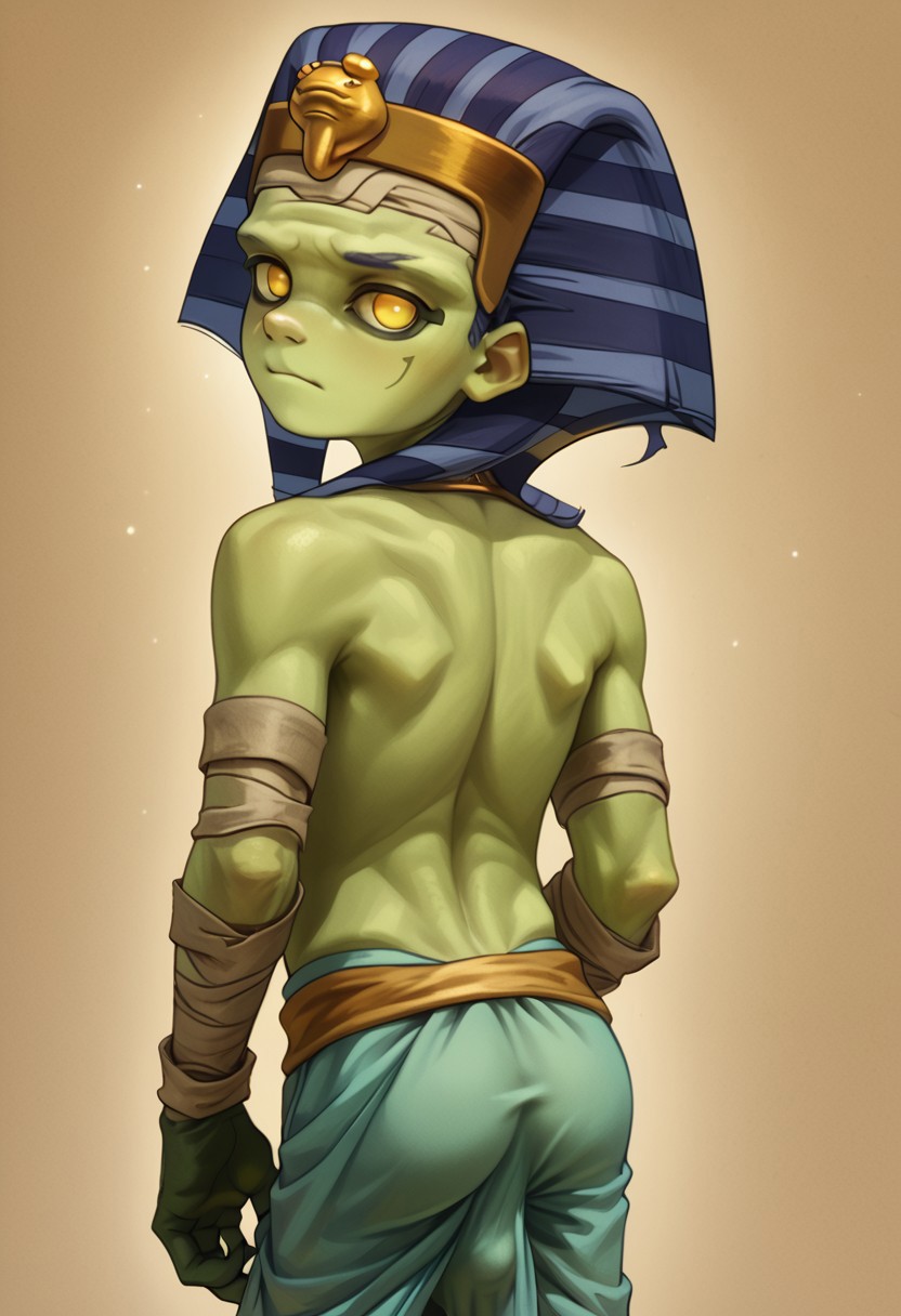 score_9, score_8_up, score_7_up, 1boy, solo, cute boy, young, Tutenstein, Mummy, Yellow Eyes, Pupiless, Green Skin, Bandages, Egyptian Headress, Loincloth, at viewer, bulge, from behind, looking back, butt,