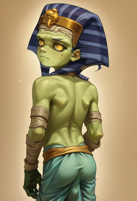score_9, score_8_up, score_7_up, 1boy, solo, cute boy, young, Tutenstein, Mummy, Yellow Eyes, Pupiless, Green Skin, Bandages, Egyptian Headress, Loincloth, at viewer, bulge, from behind, looking back, butt,