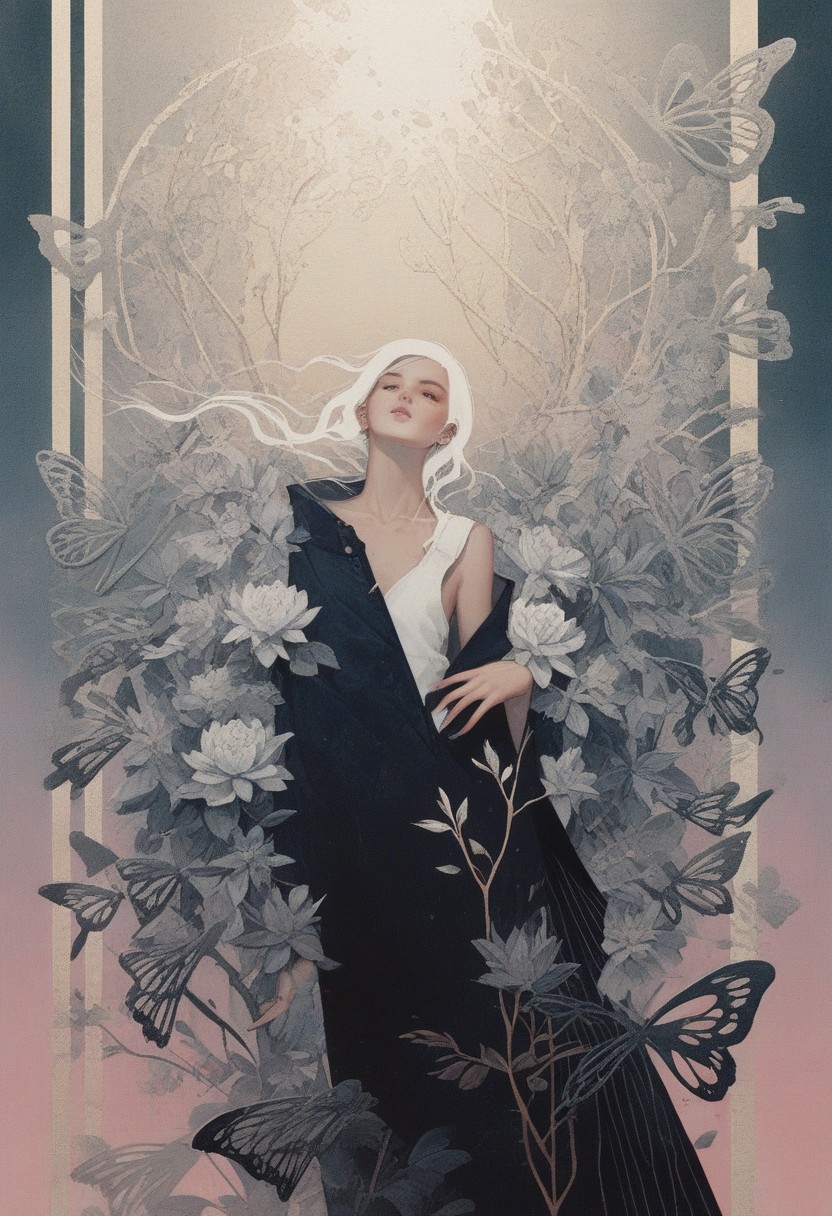 score_9, score_8_up, score_7_up, (absurdres, best quality, masterpiece:1.4, n3gsp4c3, white hair), score_9, score_8_up, score_7_up, score_6_up, highly detailed, HD, 8K quality, ultra-detailed, masterpiece artwork, young woman embodying ethereal beauty, fair skin, sleek dark hair, piercing gaze, surreal elegance, soft light blue floral gown with intricate pink, yellow, and white patterns, plunging neckline, cinched waist creating voluminous silhouette, butterfly-like wings with intricate green leaves, white flowers, black veins, symmetrical placement, surreal and artistic, large piece of driftwood in background, numerous twisting branches arranged in organic shapes, sculptural driftwood adding depth, vivid purple backdrop amplifying dreamy atmosphere, floral arrangement of pink, white, and green flowers on the ground, intricate, realistic textures, blending nature and fantasy, surreal, highly artistic composition, cinematic contrast, detailed textures of gown, wings, and driftwood, dreamlike and fantastical aura, visually captivating, bold color contrasts, intricate lighting illuminating fine details.
