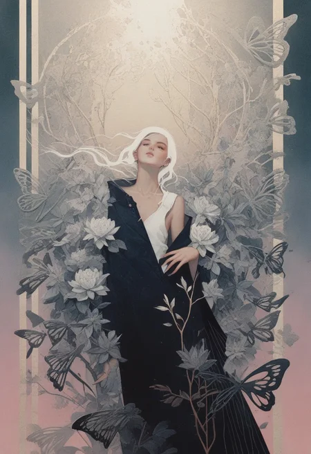 score_9, score_8_up, score_7_up, (absurdres, best quality, masterpiece:1.4, n3gsp4c3, white hair), score_9, score_8_up, score_7_up, score_6_up, highly detailed, HD, 8K quality, ultra-detailed, masterpiece artwork, young woman embodying ethereal beauty, fair skin, sleek dark hair, piercing gaze, surreal elegance, soft light blue floral gown with intricate pink, yellow, and white patterns, plunging neckline, cinched waist creating voluminous silhouette, butterfly-like wings with intricate green leaves, white flowers, black veins, symmetrical placement, surreal and artistic, large piece of driftwood in background, numerous twisting branches arranged in organic shapes, sculptural driftwood adding depth, vivid purple backdrop amplifying dreamy atmosphere, floral arrangement of pink, white, and green flowers on the ground, intricate, realistic textures, blending nature and fantasy, surreal, highly artistic composition, cinematic contrast, detailed textures of gown, wings, and driftwood, dreamlike and fantastical aura, visually captivating, bold color contrasts, intricate lighting illuminating fine details.