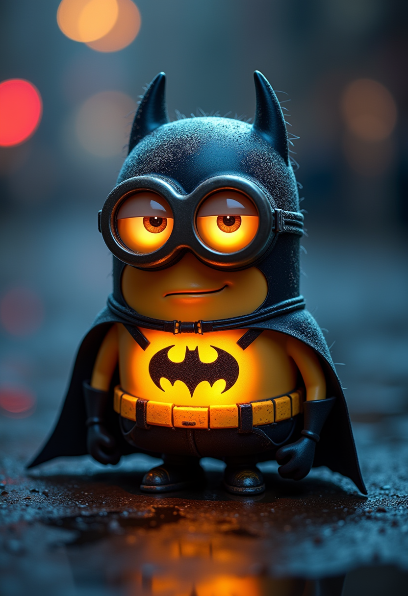 A Batman minion, translucent, cute, glowing, rim lit, vibrant, 8k resolution