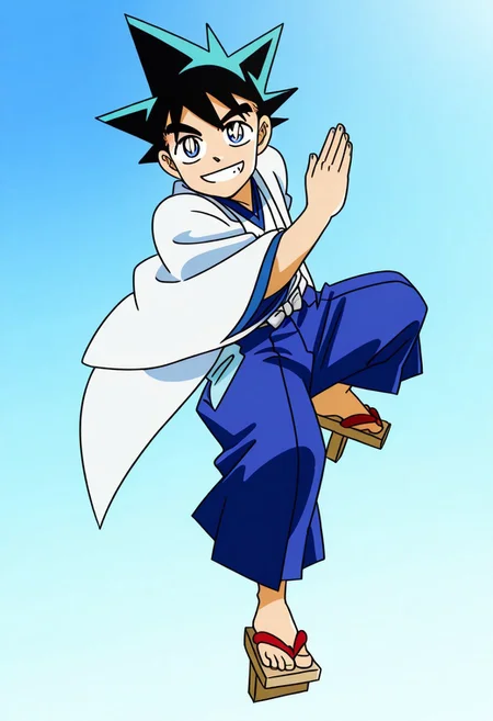 Yaiba, 1boy, black hair, blue eyes, white_haori, blue undershirt, blue_hakama, geta, parody, style_parody, anime, source_anime, full body, smiling at viewer, dynamic pose,