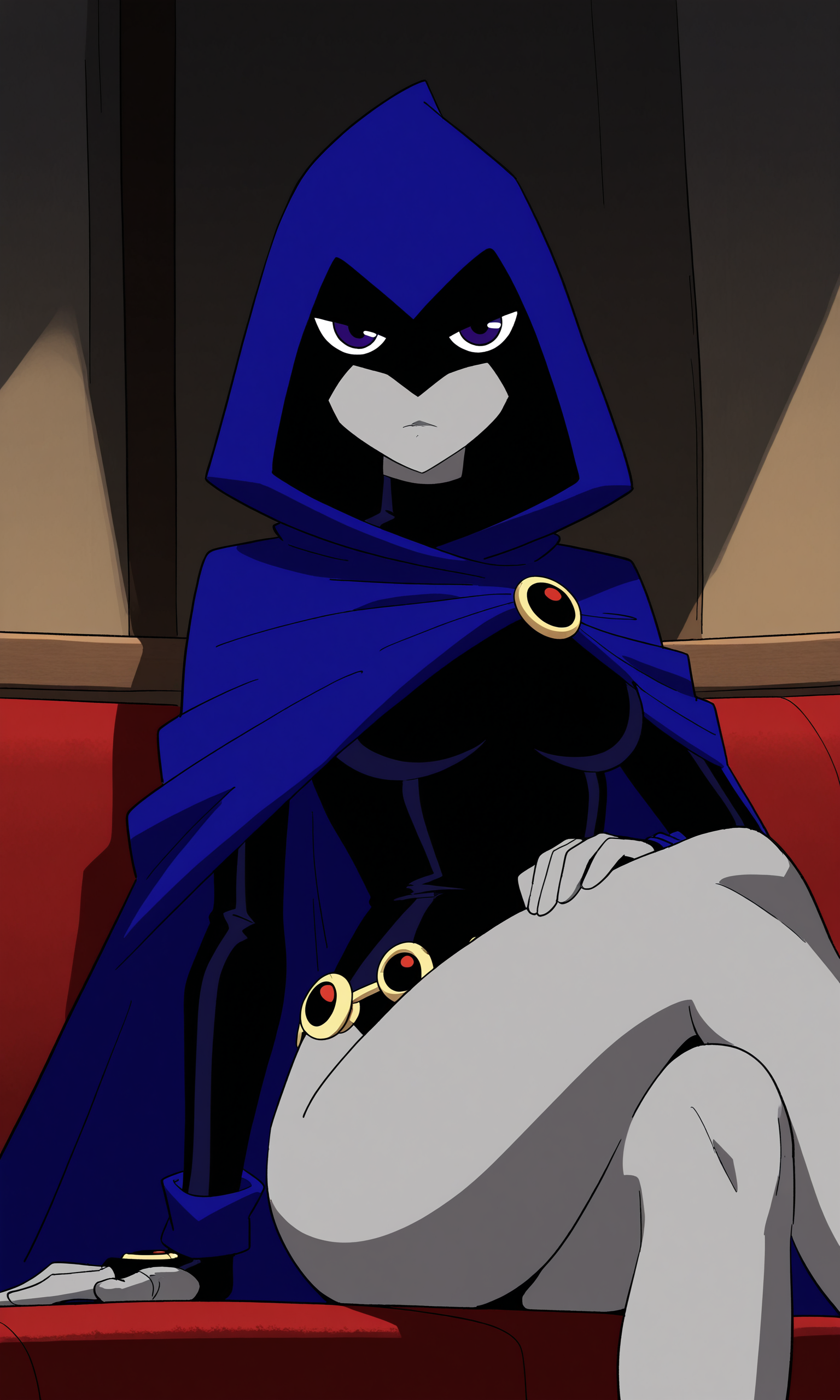 masterpiece, best quality, high resolution, absurdres, 1girl, raven, purple_eyes, medium_breasts, hooded_cloak, hood_up, blue_cloak, black_leotard, loose_belt, wristband, sitting, crossed_legs, on_sofa, indoors, looking_at_viewer, thighs,