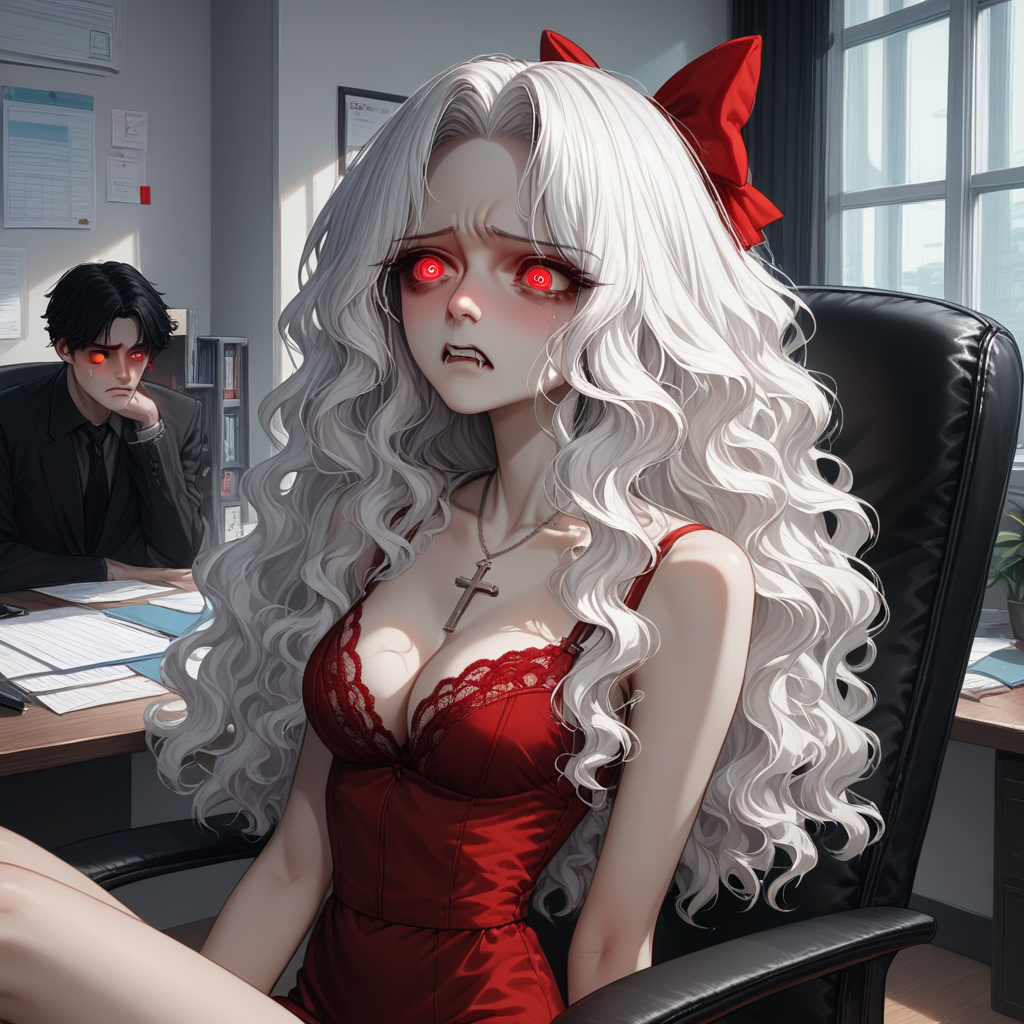 score_9, score_8_up, score_7_up, sexy, (bright colors: 1.7), (private office), big chair, inside, (cleavage), sitting in chair, white hair, extremely long hair, wavy hair, hair to one side, sad eyes, begging, slim, emaciated, (glowing red eyes), slight fangs, upturned nose, red lingerie, lace, arched back, red light, anime, gothic asthetic, long beautiful legs, hair bow, crucifix necklace, (blushing: 1.2), (