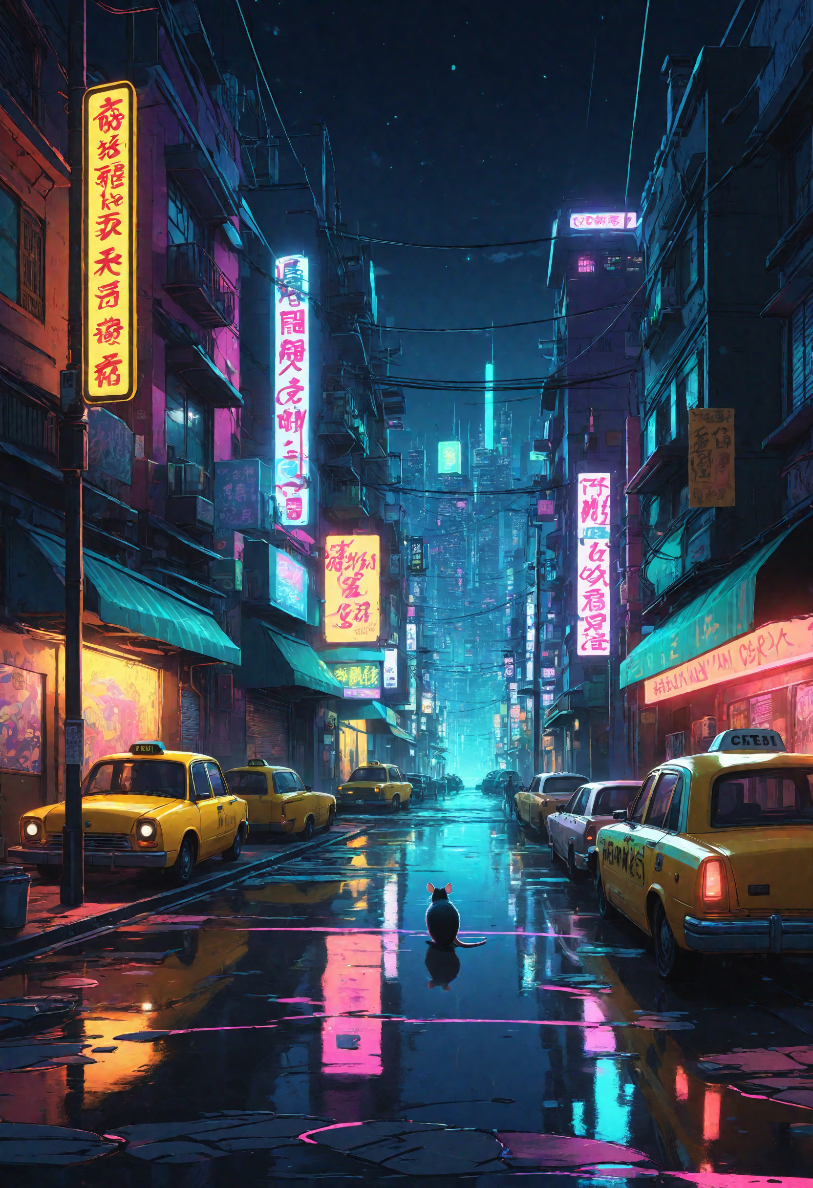 Concept Art, A first person view of a futuristic city, a shady neighborhood in a crime ridden city, homeless lay about, rats scurry across the street, neon sign light up the night, graffiti on storefronts, shady taxi cabs waiting for pickups,, studio Ghibli style, vibrant, sharp, details, 4k, 8k