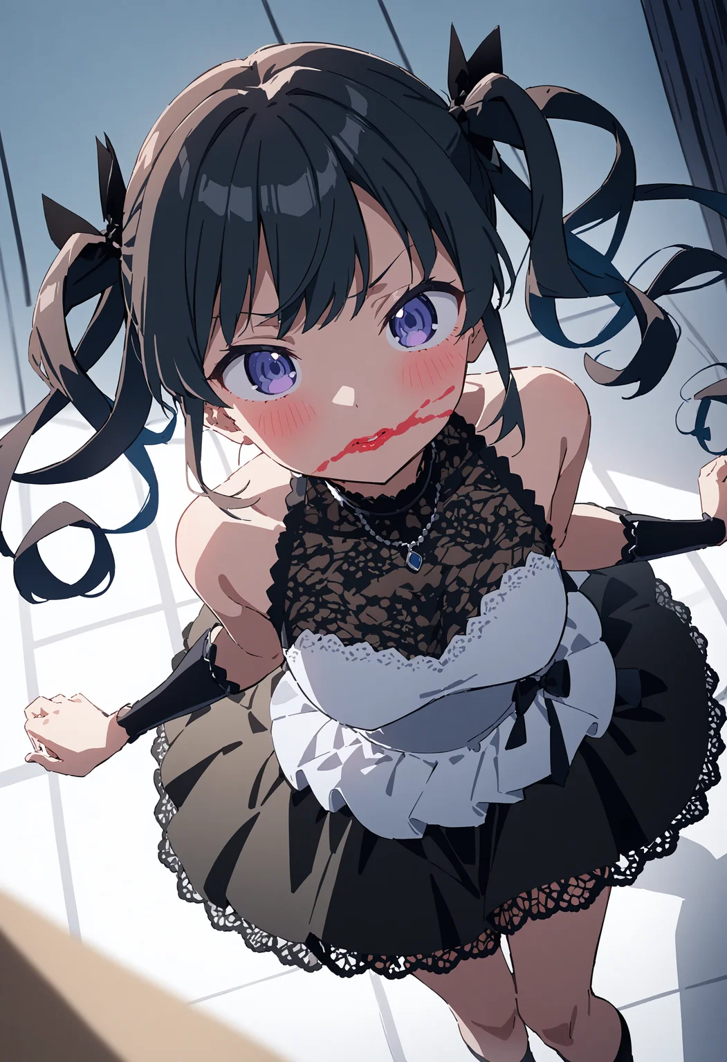1girl,solo,anime,quad tails,lace-trimmed_dress,dynamic_angle,<lora:smeared lipstick_XL_bx-v1.02:1>,smeared lipstick,
masterpiece,best quality,absurdres,mamyouda,