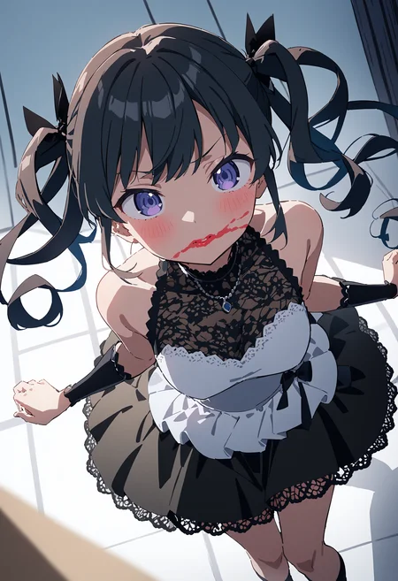 1girl,solo,anime,quad tails,lace-trimmed_dress,dynamic_angle,<lora:smeared lipstick_XL_bx-v1.02:1>,smeared lipstick,
masterpiece,best quality,absurdres,mamyouda,