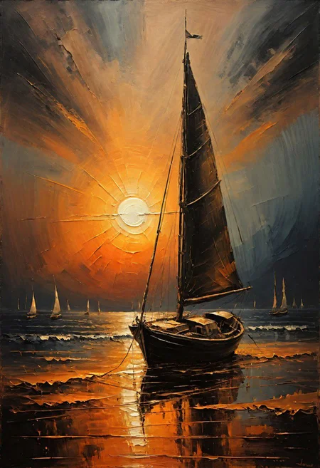 Impressionist oil painting on an old canvas, sunset on the beach , yatch on the sea, energetic strokes, black and bronze palette, fine and detailed strokes