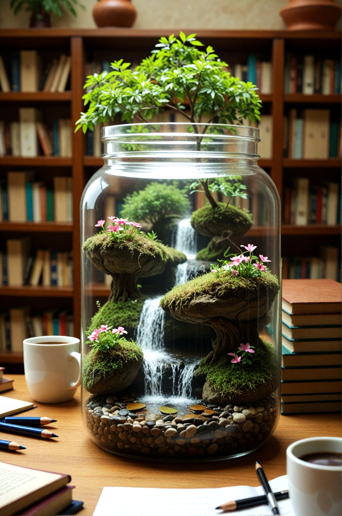 A photograph of a glass jar filled with a small, lush, green plant and a waterfall. The jar is placed on a wooden desk in a library, surrounded by bookshelves filled with books. The plant has a single leafy tree at the top, and the waterfall cascades down a rocky cliff. The glass jar is filled with pebbles and water, creating a serene and natural scene. The background is blurred, focusing attention on the jar and its contents. The lighting is soft and natural, highlighting the natural beauty of the scene..    
,photorealistic,masterpiece, best quality, amazing quality, very aesthetic, perfect eyes, 24yo, ( dramatic lighting) ,
,flower, indoors, water, blurry, cup, tree, book, no_humans, blurry_background, depth_of_field, table, plant, scenery, pink_flower, desk, paper, mug, bookshelf, pen, pencil, coffee, shelf, book_stack, coffee_mug, waterfall, jar, moss
