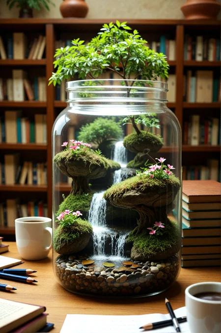A photograph of a glass jar filled with a small, lush, green plant and a waterfall. The jar is placed on a wooden desk in a library, surrounded by bookshelves filled with books. The plant has a single leafy tree at the top, and the waterfall cascades down a rocky cliff. The glass jar is filled with pebbles and water, creating a serene and natural scene. The background is blurred, focusing attention on the jar and its contents. The lighting is soft and natural, highlighting the natural beauty of the scene..
,photorealistic,masterpiece, best quality, amazing quality, very aesthetic, perfect eyes, 24yo, ( dramatic lighting) ,
,flower, indoors, water, blurry, cup, tree, book, no_humans, blurry_background, depth_of_field, table, plant, scenery, pink_flower, desk, paper, mug, bookshelf, pen, pencil, coffee, shelf, book_stack, coffee_mug, waterfall, jar, moss