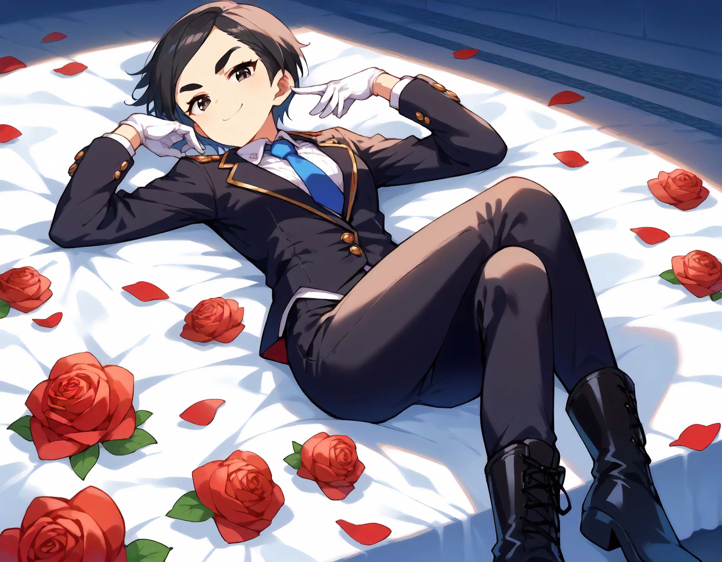 score_9,score_8_up,score_7_up,1girl,solo,lying,crossed legs,looking at viewer,smirk,gorgeous,many roses,dutch angle,tomboy,
<lora:matsuochizuru_ponyXLV6:0.8>,cgmc,black hair,short hair,parted bangs,thick eyebrows,black eyes,
black suit,blue necktie,black pants,white gloves,black boots