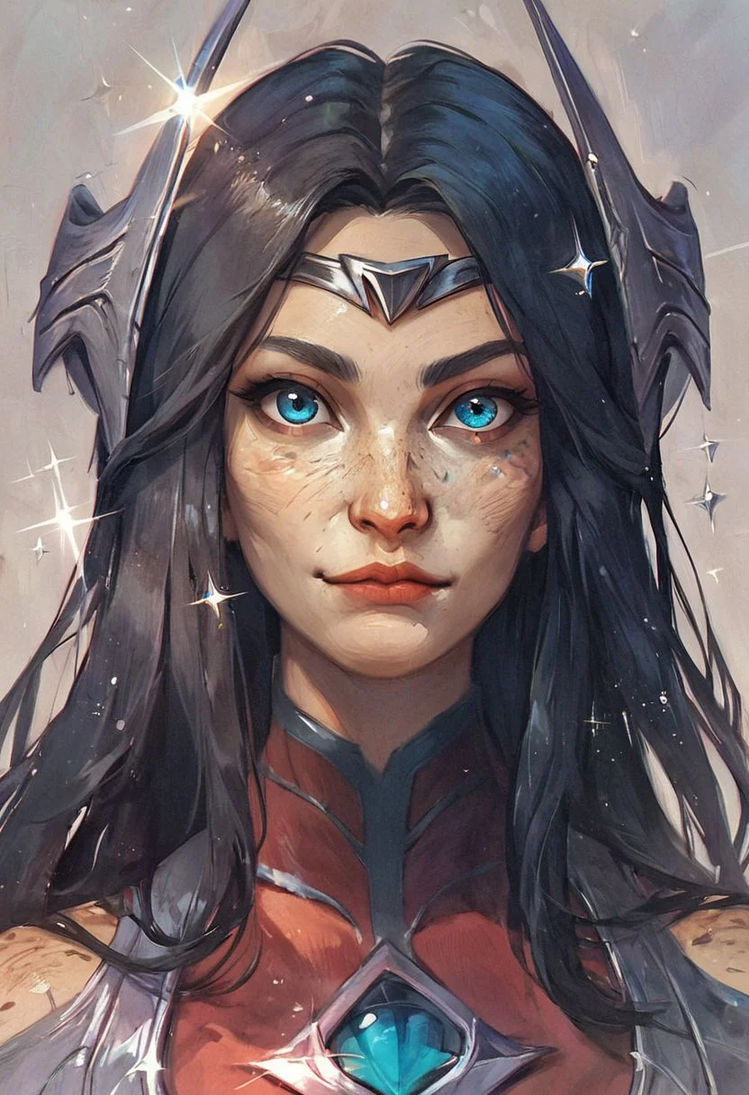 score_9, score_8_up, score_7_up, Irelia, eye focus, blue eyes, solo, sparkle, looking at viewer, close-up, freckles, straight-on, black hair