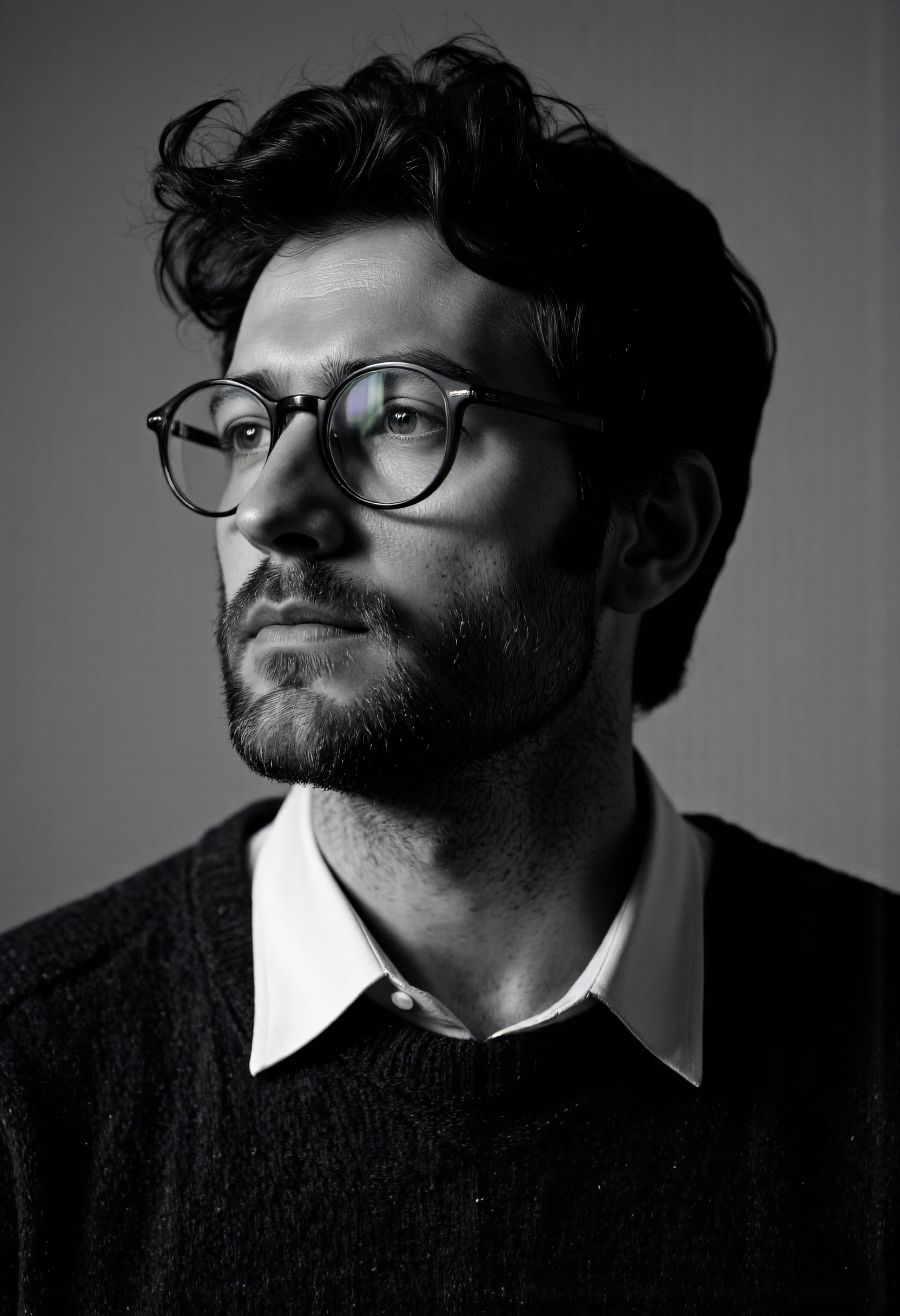 A dramatic portrait photo of a man with tousled dark hair and a trimmed beard, wearing thick-rimmed glasses, a textured sweater, and a crisp white collared shirt, gazing thoughtfully into the distance, set against a muted grey background, in the style of yousuf-karsh, ultra-detailed, high contrast, black and white, cinematic lighting, evocative and timeless, studio portrait, realistic skin texture, intricate fabric details, 8k resolution.