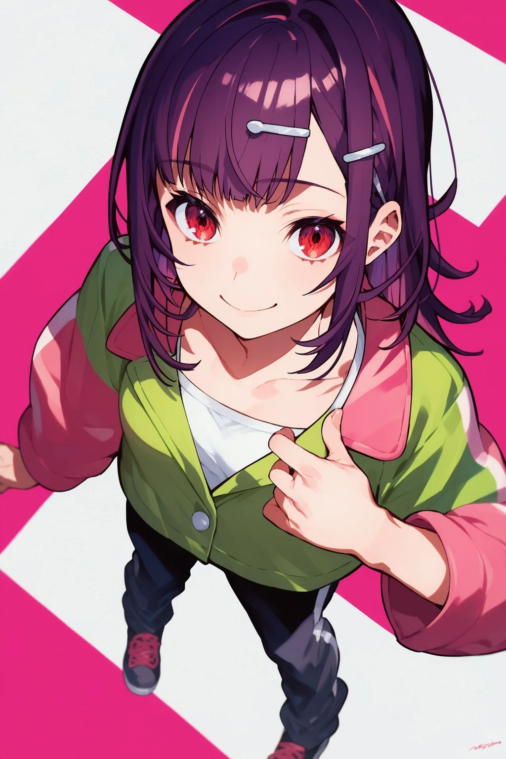 score_9, score_8_up, score_7_up, 1girl, looking at viewer, hand_on_own_chest, kind smile, dark purple hair, multicolored hair, bangs, hairclip, red eyes, small breasts, pink safari jacket, from above, colorful background, <lora:mika_pikazo_PonyXL_style_v01:1>