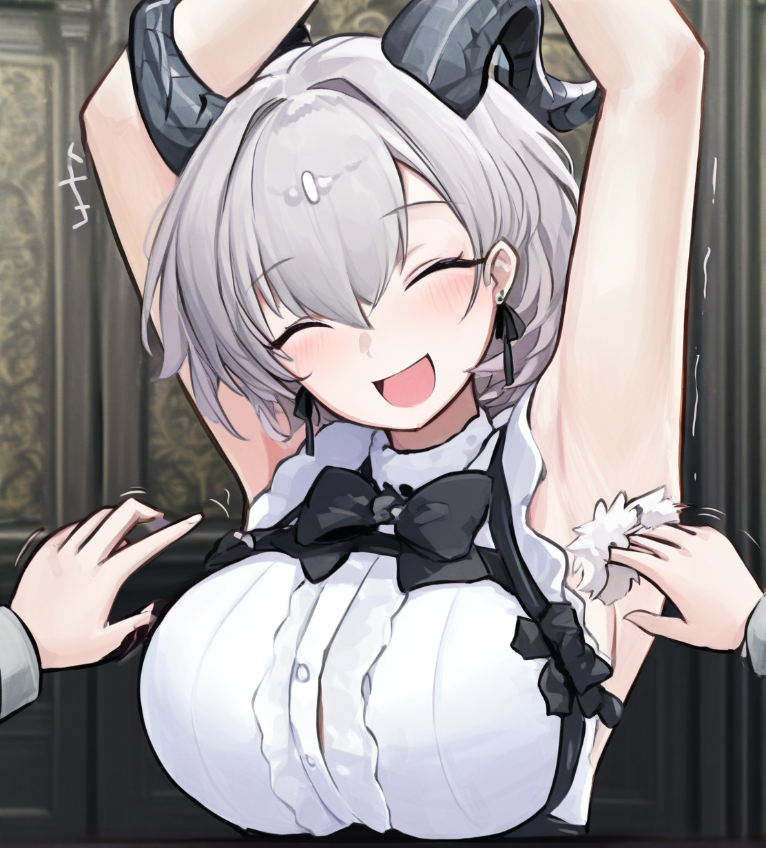 1girl, kinu (azur lane), kinu (token and ghost) (azur lane), wild hips, huge breasts, ^_^, armpits, arms up, bare arms, black bow, black bowtie, blush, bow, bowtie, breasts, closed eyes, earrings, grey hair, head tilt, horns, jewelry, official alternate costume, shirt, short hair, sleeveless, sleeveless shirt, smile, solo focus, tickling, tickling armpits, upper body, white shirt, 
intricate details,detailed background,  <lora:anatomy_helper:1> <lora:noobaiXLNAIXL_epsilonPred11Version-lora:0.1> <lora:gabang:1.3>