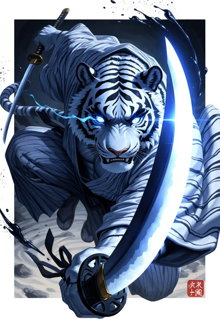 masterpiece, best quality, perfect quality, very awa, absurdres, newest, very aesthetic, absolutely eye-catching, intricate details, painterly, ink wash painting, splash art, (foreshortening:1.4), fisheye, solo, 1boy, furry, tiger, muscular, white yukata, action pose, holding katana, (close-up on katana blade), glowing eyes, eye trail, dynamic pose, outside border