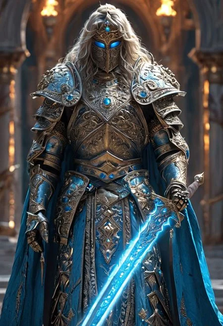 man stands,Persian inspired, ancient Persian , edgy elements, ancient Persian ,inspired , gothic accessories, incorporating traditional Persian ,,holding a sword,mask,colorfull,glowing ,,character,vibrant colors and depth, showcasing