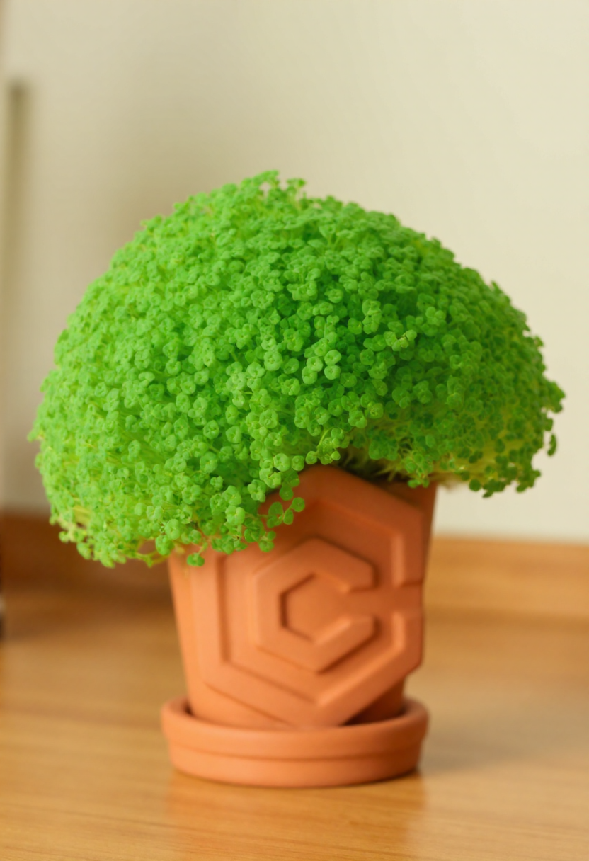 <lora:Chia_Pet_Planter_FLUX-000013:0.8> <lora:civitaiLogoFlux:1.0>
Photograph of a terracotta clay civitaiLogo shaped pot, adorned with a lush, vibrant green plant. It is is sitting on a table.