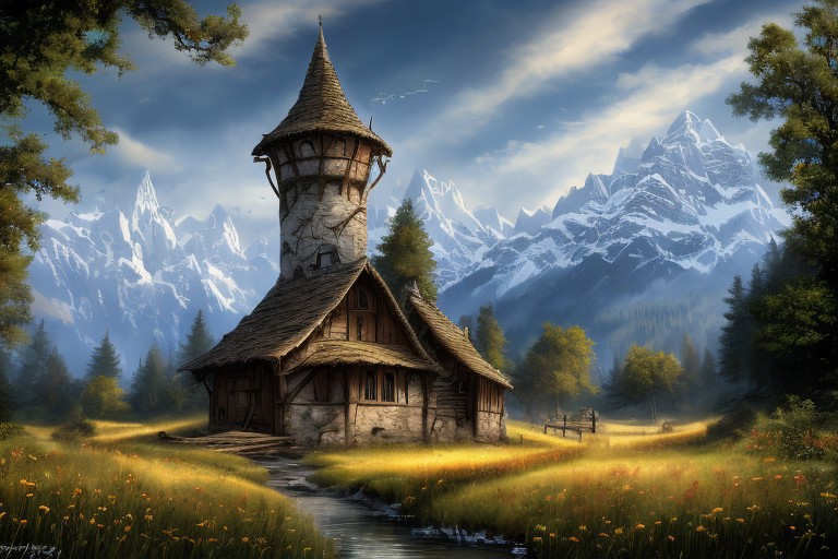 realistic analog photo, award winning photo, 
fantfa, background, mountain, stream, trees, foreground, field, house, farm, witow, a wizard watch tower,
high-quality, crisp, sharp, professional-grade, high-resolution, fine detail, accurate colors, low noise, fast shutter speed, wide dynamic range, precise focus, RAW, highres, 8k, uhd, High Dynamic Range, tonemapping, crisp details,