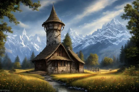 realistic analog photo, award winning photo, 
fantfa, background, mountain, stream, trees, foreground, field, house, farm, witow, a wizard watch tower,
high-quality, crisp, sharp, professional-grade, high-resolution, fine detail, accurate colors, low noise, fast shutter speed, wide dynamic range, precise focus, RAW, highres, 8k, uhd, High Dynamic Range, tonemapping, crisp details,
