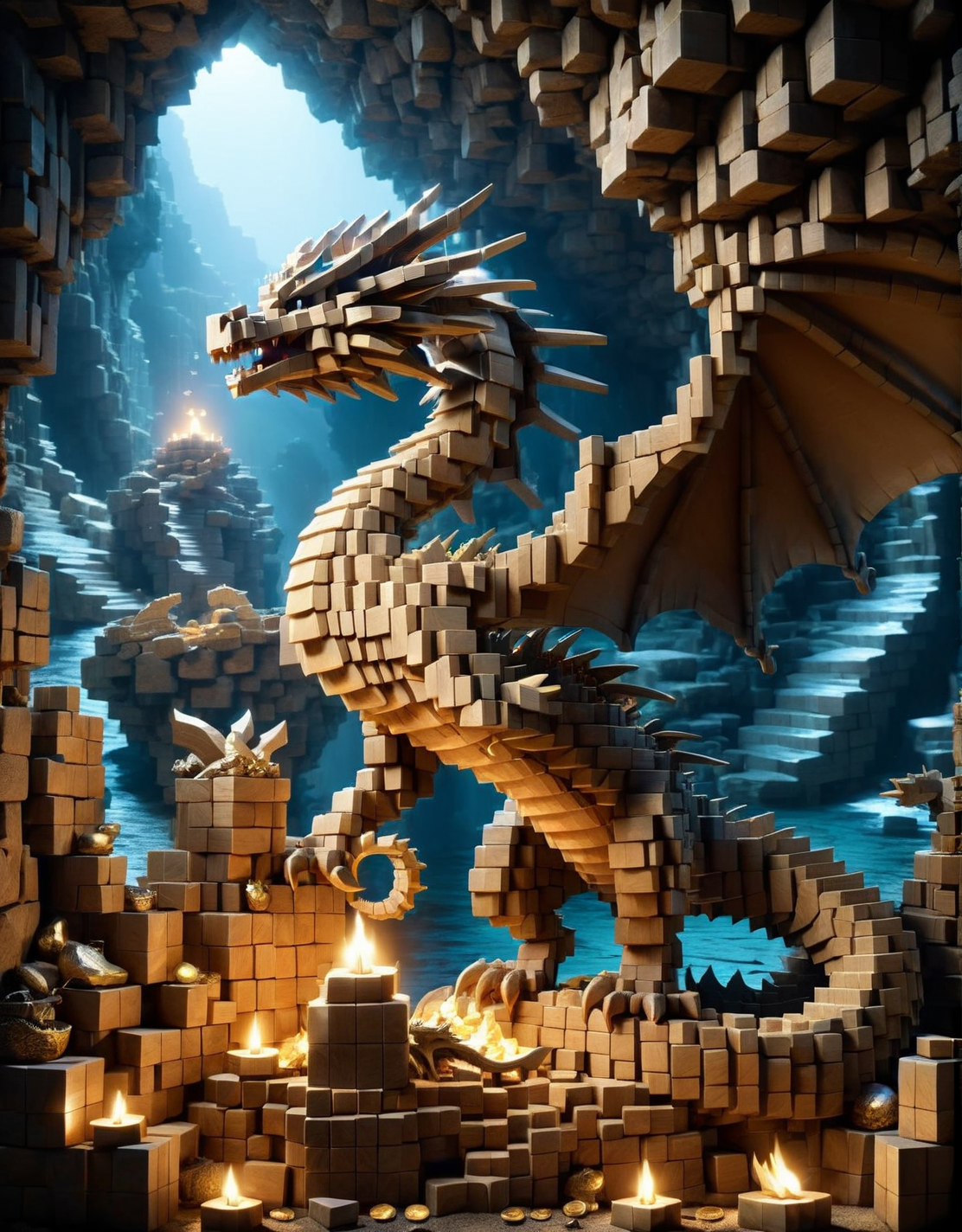 An ais-wdnblcks dragon perched atop a hoard of treasure in a dimly lit cave, flickering firelight <lora:ais-wdnblcks-sdxl:1>
