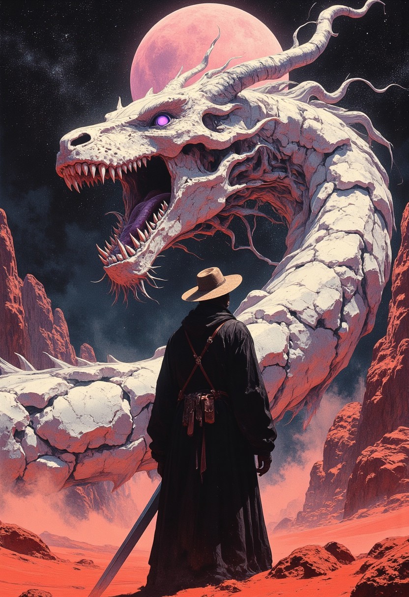 mythp0rt, ArsMJStyle, FFAIM, impressionism, style is detailed and epic, sense of scale that shows how huge the dragon is, absolutely massive scale, from behind, back of a person in black coat, brown strap, confident gothic hunter, wide straw hat, night sky, facing huge snow dragon, dragon is roaring, soundwaves shaking the surroundings, fog and dust fills the pic, HDR, skeletal dragon, huge enormous dragon facing the black robe person, mystical necrotic dragon, extremely, detailed, huge hanging sleeves, lens flare from the heat, pink moon in the sky, standing in a completely red desert, red sand, the sky is starry dark black, the person has a pose ready to strike, dragon has hollow ribcage and huge horns. dragon looks at the person, glowing pipes and cords sticking ouf that dragon, pipes glowing purple, huge dragon hugging the mountain