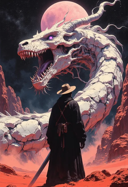 mythp0rt, ArsMJStyle, FFAIM, impressionism, style is detailed and epic, sense of scale that shows how huge the dragon is, absolutely massive scale, from behind, back of a person in black coat, brown strap, confident gothic hunter, wide straw hat, night sky, facing huge snow dragon, dragon is roaring, soundwaves shaking the surroundings, fog and dust fills the pic, HDR, skeletal dragon, huge enormous dragon facing the black robe person, mystical necrotic dragon, extremely, detailed, huge hanging sleeves, lens flare from the heat, pink moon in the sky, standing in a completely red desert, red sand, the sky is starry dark black, the person has a pose ready to strike, dragon has hollow ribcage and huge horns. dragon looks at the person, glowing pipes and cords sticking ouf that dragon, pipes glowing purple, huge dragon hugging the mountain