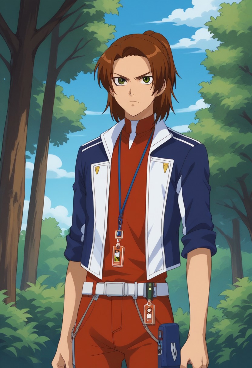 score_9, score_8_up, score_7_up, source_anime, highly detailed, 
masaru, boy, male focus, solo, brown hair, ponytail, green eyes, uniform, shirt, orange shirt, jacket, cropped jacket, blue jacket, open jacket, open clothes, sleeves rolled up, belt, pants, orange pants, jewelry, id card, frown
outdoot, sky, cloud, tree