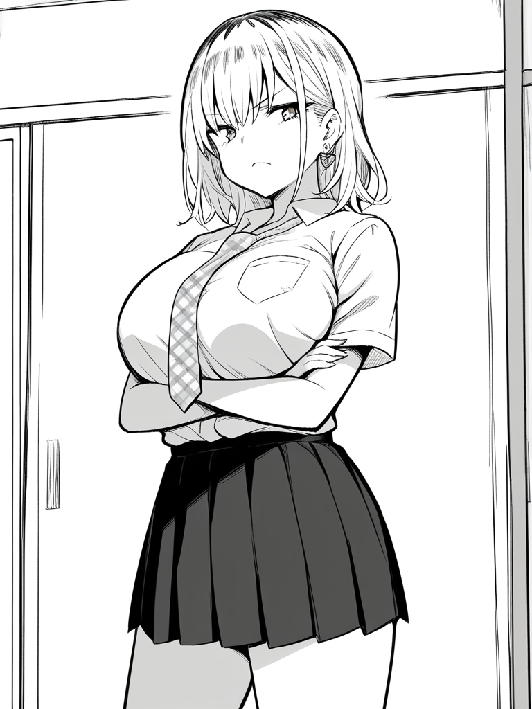 1girl, monochrome, natsuki jn, medium hair, dyed hair, roots, huge breasts, white hair,

standing, frown, looking at viewer, crossed arms, white shirt, short sleeves, plaid necktie, school uniform, pleated skirt, heart earrings, 