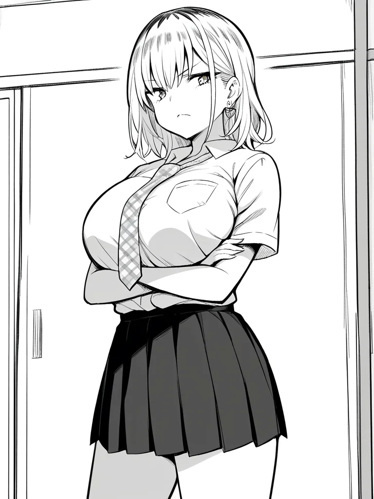 1girl, monochrome, natsuki jn, medium hair, dyed hair, roots, huge breasts, white hair,
standing, frown, looking at viewer, crossed arms, white shirt, short sleeves, plaid necktie, school uniform, pleated skirt, heart earrings,