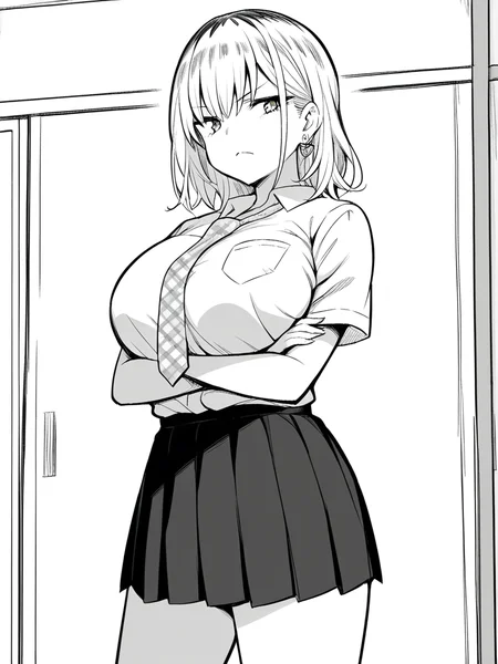 1girl, monochrome, natsuki jn, medium hair, dyed hair, roots, huge breasts, white hair,

standing, frown, looking at viewer, crossed arms, white shirt, short sleeves, plaid necktie, school uniform, pleated skirt, heart earrings, 