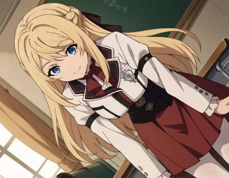 score_9, score_8_up, score_7_up, source_anime,
arielanemoiasura, <lora:ariel-anemoi-asura-s2-ponyxl-lora-nochekaiser:1>,
ariel anemoi asura, long hair, blue eyes, blonde hair, braid, french braid,
skirt, long sleeves, pantyhose, frills, shoes, red skirt, loafers, white pantyhose, blazer, white blazer, corset, black corset,
indoors, classroom, smile, bent over,
looking at viewer, dutch angle, cowboy shot,