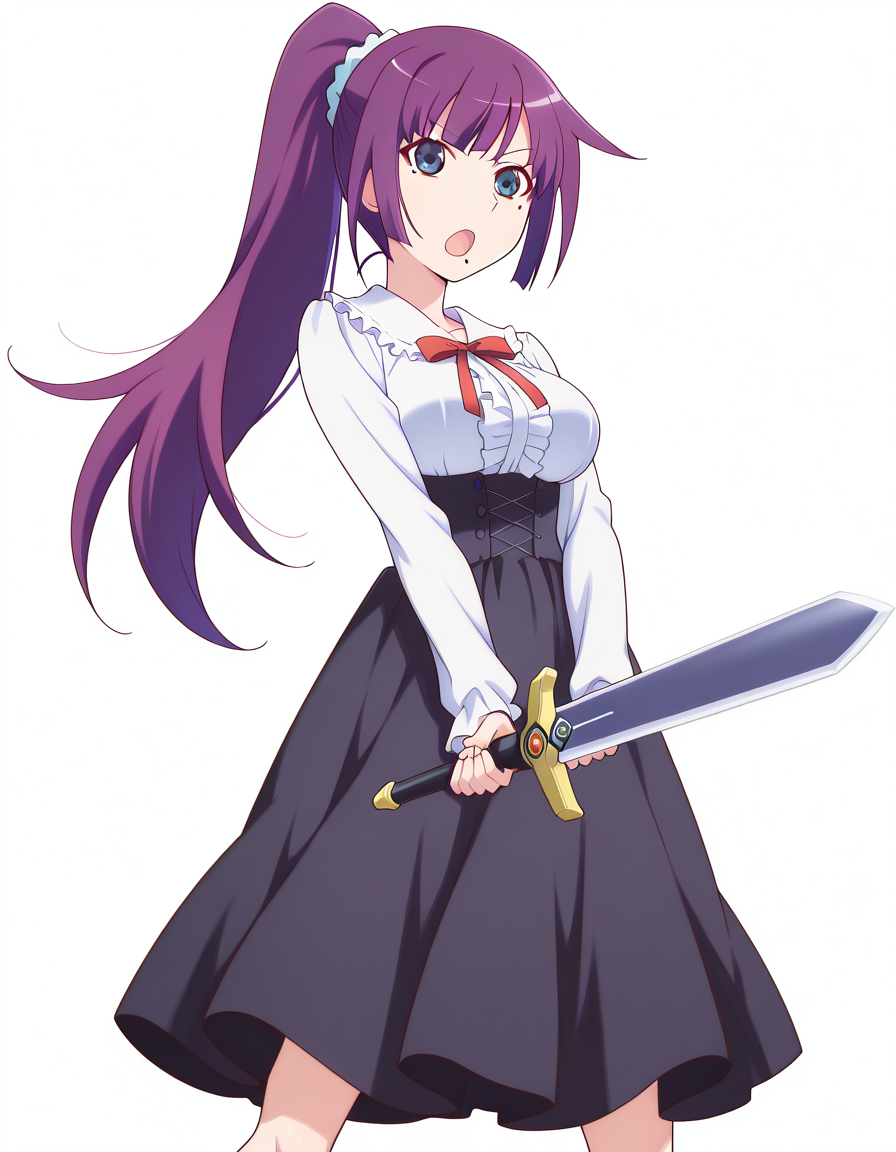 masterpiece, best quality, amazing quality,, <lora:hitagi-senjougahara-anime-illustriousxl-lora-nochekaiser:1>, hitagi senjougahara, long hair, bangs, ponytail, sidelocks, scrunchie, blue eyes, purple hair, breasts, anime screencap, <lora:virgin-killer-outfit-illustriousxl-lora-nochekaiser:1>, virgin killer outfit, meme attire, high-waist skirt, center frills, frilled shirt, underbust, aran sweater, frilled shirt collar, red bowtie, frills, skirt,, <lora:sunrise-stance-illustriousxl-lora-nochekaiser:1>, sunrise stance, weapon, sword, solo, open mouth, holding weapon, holding, holding sword,, mole_under_mouth, , <lora:transparent-background-illustriousxl-lora-nochekaiser:1>, transparent background, simple background, white background, ,