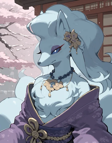 score_9, score_8_up, score_7_up, alolatales, long hair, multicolored skin, blue sclera, pokemon \(creature\), (solo), 1girl, anthro, femboy, girly, purple kimono, necklace, japan, light purple eyeshadow, upper body, japanese temple, cherry blossom, <lora:cefaa866-a58e-40ba-a219-79ab392f7d60:1.0>, <lora:e53e491a-5fdc-4e89-a631-132e968604de:0.9>