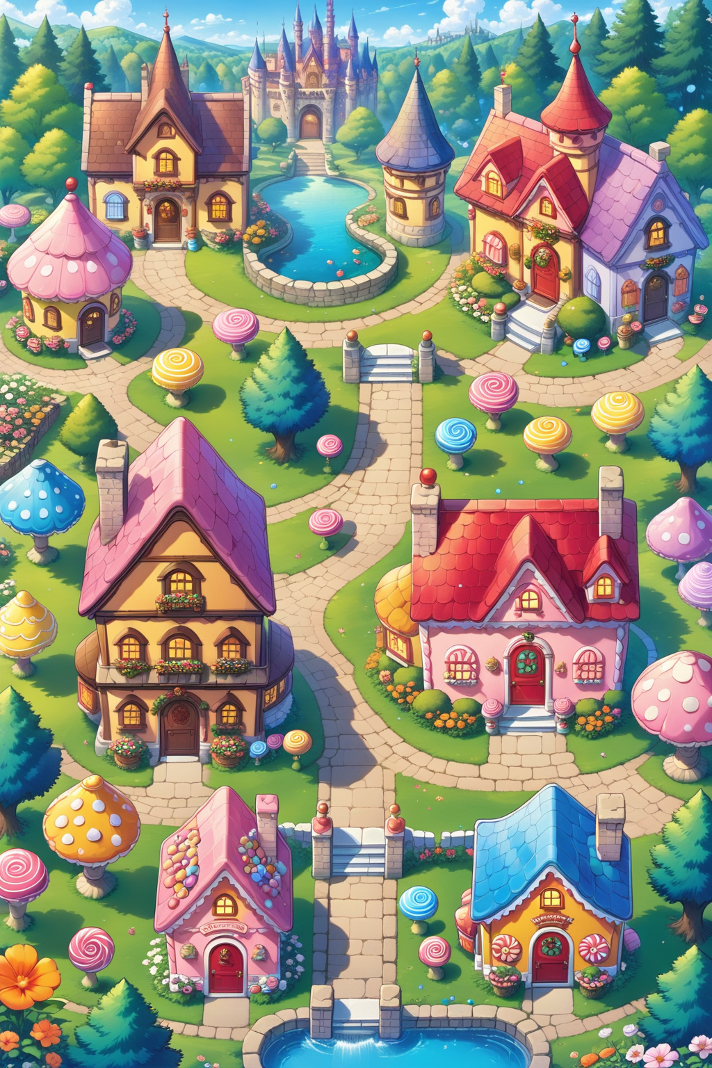 flower, outdoors, day, water, tree, no humans, window, grass, plant, building, scenery, stairs, yellow flower, fence, door, potted plant, bush, house, orange flower, pond, garden, chimney, HD, best quality, 16kï¼Masterpiece, simple, neat, castle, candy house, forest, mushroom, fruit, flower, fairy tale worldï¼ <lora:lora:0.8>