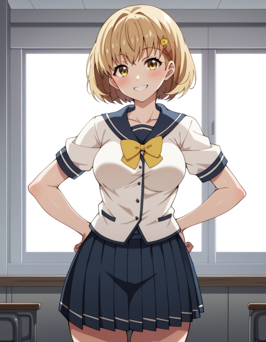 score_9, score_8_up, score_7_up, source_anime, uncensored, <lora:StS_detail_slider_v1:3>, zPDXLxxx, <lora:Kimie_Kamata_PONYXL_VexVexX:1>, KimieKamata, 1girl, yellow eyes, blonde hair, short hair, hair ornament, hairclip, hair flower, medium breasts, school uniform, serafuku, pleated skirt, yellow bow, cowboy shot, indoors, from front, Spin around gracefully with arms extended, creating a sense of whimsy and movement, thighs, looking at view, smile,