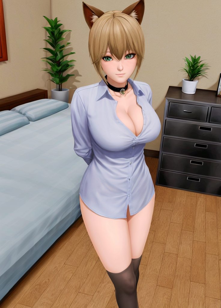 <lora:Harem_Hotel_Emma-30:0.6>, Harem_Hotel_Emma, 1girl, animal ears, arms behind back, blonde hair, green eyes, breasts, brown hair, cat ears, choker, cleavage, collar, dress shirt, indoors, large breasts, looking at viewer, plant, shirt, short hair, solo, thighhighs