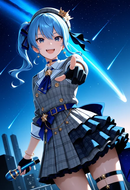 masterpiece, best quality, 1girl, solo, Su1se1Base, blue eyes, blue hair, side ponytail, plaid beret, crown, blue star choker, star earrings, blue ascot, plaid jacket, grey jacket, plaid skirt, grey skirt, layered skirt, partially fingerless gloves, star bracelet, uneven legwear, thigh strap, holding microphone, pointing at viewer, foreshortening, smile, :d, outdoors, starry sky, comet, dutch angle, <lora:ChamHoshimachiSuiseiNoob:1>