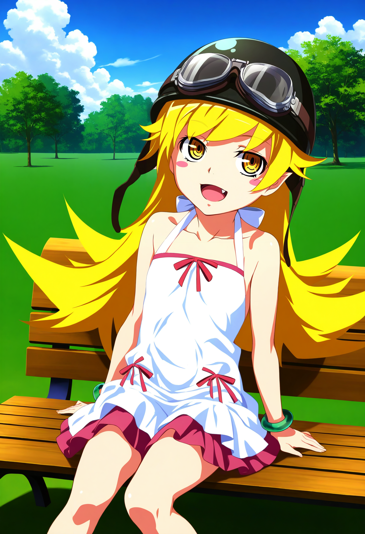 1girl, solo, looking at viewer, park bench, outdoors, sitting, smile, cowboy shot, open mouth, long blonde hair, oshino oshino shinobu,
dress, bare shoulders, yellow eyes, fang, black helmet, goggles on helmet,
BREAK outdoors, park bench, sky, day, cloud,  <lora:shinobu_saeki_takao_IL1.1:1>shinobu_saeki_takao