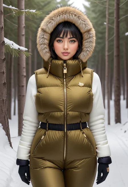 ((((puffer padded jacket)))), ((((puffer padded coat)))), ((((full body)))), ((((fur boots)))), ((((puffer pants)))), ((((puffer hood up)))), winter, snow, forest, 1girl, solo, (masterpiece), detailed face, detailed eyes, (beautiful detailed eyes:1.5), sidelighting, (super detail, hyper detail, intricate_details, detailed), (semi realistic:1.6), (Bob cut), blunt bangs,(black hair), (purple eyes, eyelashs), tanned skin, smug smile, angry face, Golden jewelery, golden rings, golden necklace, golden armlets, golden chains, padded collar, Thick padded collar, <lora:Collar-SDXL:0.6>, <lora:cropped_puffer_vest_v2:0.4>, <lora:snowpants_v1:0.4>