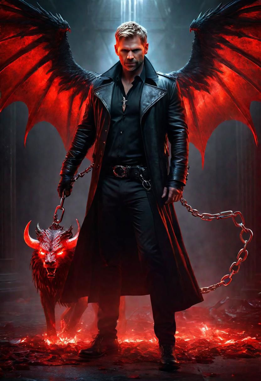 professional photo, a full body portrait of Mark Pellegrino with red wings, like lucifer, red glowing eyes, holding a bloody hellbeast on a chain by his side, a style by Ross Tran, featured on deviantart, gothic art, raw detailed photo, gothic, dark and mysterious, bloody, goth, high details, realistic, cinematic, , hyper detail, hyper realism, cinematic natural lighting, octa render, artstation, sharp focus, canon50, dslr, 8K, cinema