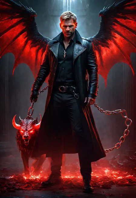 professional photo, a full body portrait of Mark Pellegrino with red wings, like lucifer, red glowing eyes, holding a bloody hellbeast on a chain by his side, a style by Ross Tran, featured on deviantart, gothic art, raw detailed photo, gothic, dark and mysterious, bloody, goth, high details, realistic, cinematic, , hyper detail, hyper realism, cinematic natural lighting, octa render, artstation, sharp focus, canon50, dslr, 8K, cinema