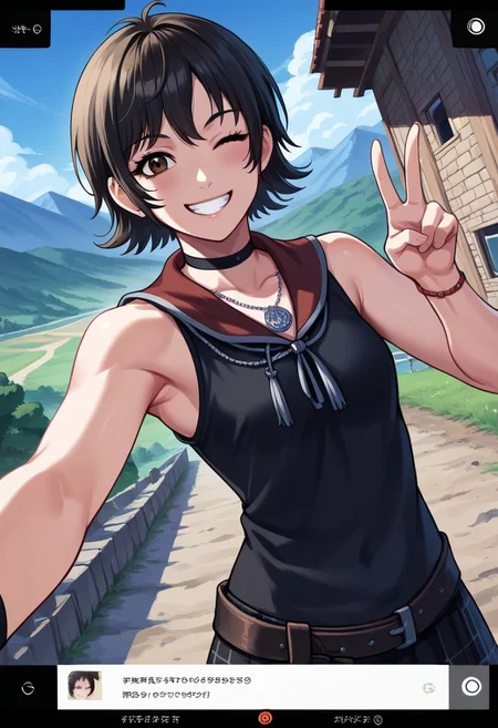 masterpiece,best quality,score_9, score_8_up, score_7_up, score_6_up,source_anime,
1girl, iris amicitia <lora:iris_amicitia(ffxv)-PD-1.0:1>,short hair,black hair,brown eyes,(happy smile,teeth,wink),(black clothes,bare shoulder, bracelet),(upper body,face focus,dutch angle),(selfie, user interface, fake screenshot, viewfinder, phone screen, taking picture,v,head tilt,armpit),(landscape,outdoor,blue sky,mountain,valley,cliff,parking lot)