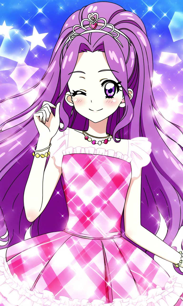 general,highres, ultra-detailed,very aesthetic,best quality ,best hands, BREAK <lora:Kanzaki_Mizuki_aikatsu!_IS:1>
kanzaki_mizuki(aikatsu!), 1girl, solo, purple hair, purple eyes, long hair, ponytail, high ponytail, hairband, very long hair,
one eye closed, smile, pink dress, jewelry, 
necklace, star (symbol), looking at viewer, ;), bracelet, tiara, argyle, gradient background, gradient, plaid, frills,
sparkle, sky, outdoor,