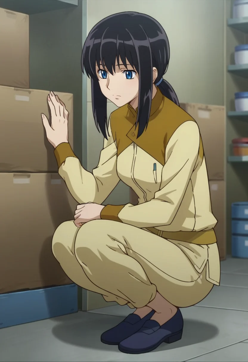 score_9,score_8_up,score_7_up,score_6_up,score_5_up,score_4_up,anime coloring BREAK source_anime,anime,<lora:Marina_Ismail_Gundam_00_Pony:0.8>,marina,1girl,solo,blue eyes,black hair,sidelocks,ponytail,workwear,yellow shirt,yellow pants,squatting,legs_together,indoors,warehouse,shelf,against wall,shadow,