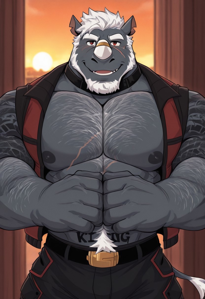 K1NG, rhino boy, white hair, gray body, gold bracelet on nose horn, barcode behind neck, choker, K1NG tattoo, body hair, scar, red vest, pants, belt, furry male, muscular male, white hair, 5 fingers, dynamic pose, j0gg0rm0l0n1ll, inviting hands over viewer, sunset view, metropolis, close up view, masterpiece, best detail, furry male, muscular male, solo,