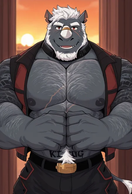 K1NG, rhino boy, white hair, gray body, gold bracelet on nose horn, barcode behind neck, choker, K1NG tattoo, body hair, scar, red vest, pants, belt, furry male, muscular male, white hair, 5 fingers, dynamic pose, j0gg0rm0l0n1ll, inviting hands over viewer, sunset view, metropolis, close up view, masterpiece, best detail, furry male, muscular male, solo,